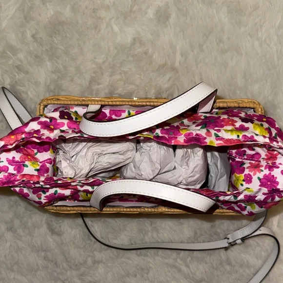 Kate Spade Tan Wicker Tote with White Handles - Picture 3 of 9